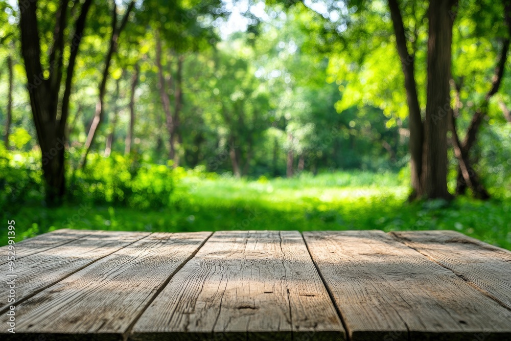 Empty wood table top with blur background of nature lush green forest. The table giving copy space for placing advertising product on the table along with beautiful green forest nature background, ai Empty wood table top with blur background of nature lush green forest. The table giving copy space for placing advertising product on the table along with beautiful green forest nature background, ai