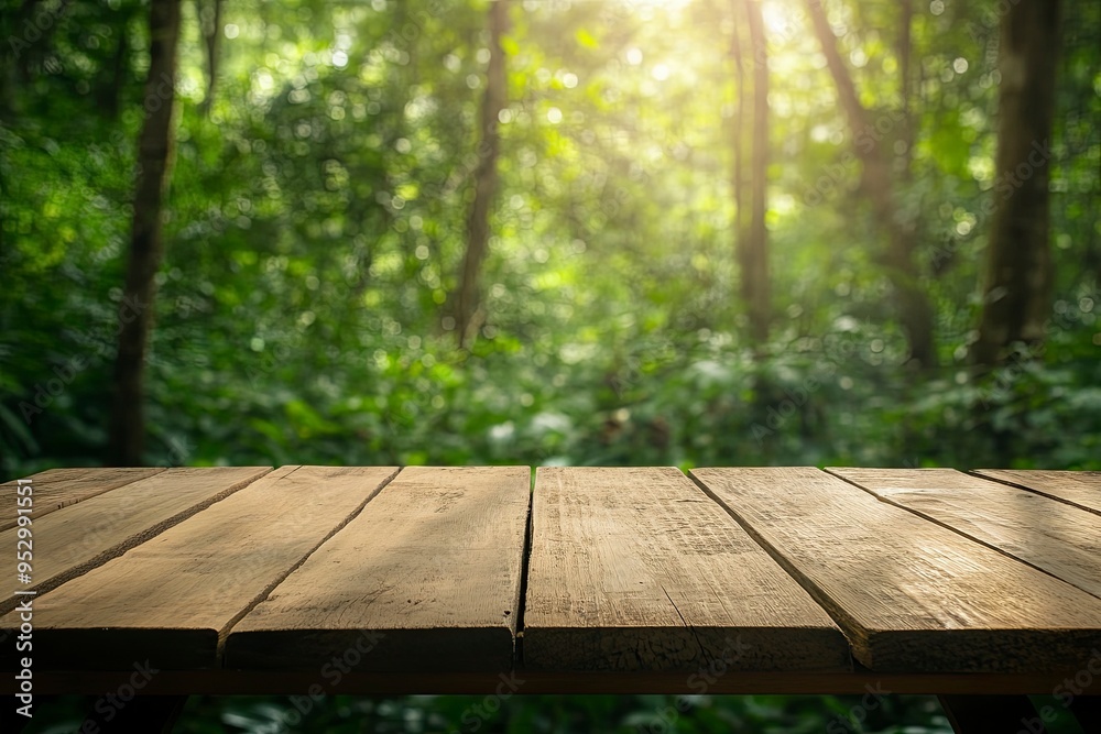 Fototapeta premium Empty wood table top with blur background of nature lush green forest. The table giving copy space for placing advertising product on the table along with beautiful green forest nature background, ai
