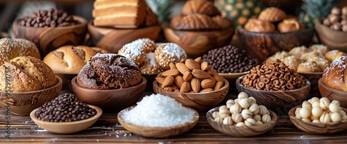 An assortment of various sweet snacks and treats in wooden bowls, including chocolate, almonds, cereals, and bread.