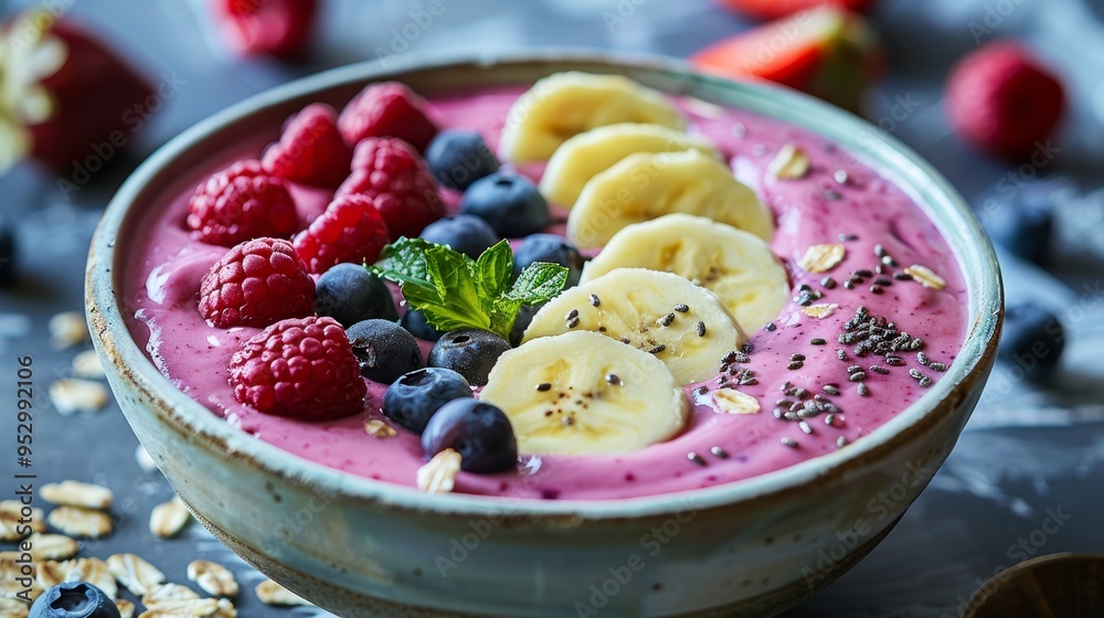 Fresh and Vibrant Smoothie Bowl with Berries, Banana, and Chia Seeds in a Rustic Ceramic Bowl Fresh and Vibrant Smoothie Bowl with Berries, Banana, and Chia Seeds in a Rustic Ceramic Bowl