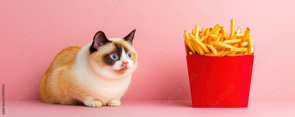 Fototapeta premium Playful Calico Siamese Cat Reaching for French Fries with Cute Expression in Red Container