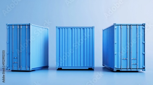 Blue metal cargo containers, showcasing open and closed configurations, presented from both front and side perspectives, highlighting industrial design and functionality. photo