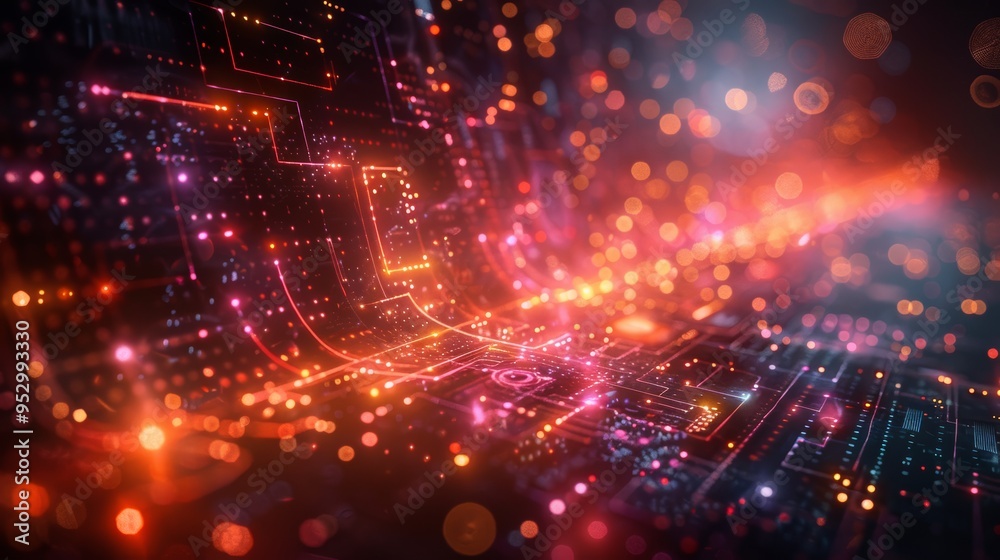 Obraz premium Futuristic Digital Background with Glowing Neon Lights and Abstract Circuit Patterns
