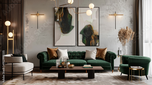 Sophisticated living room with a hunter green sofa, brass lighting fixtures, and a dark wood coffee table.
 photo