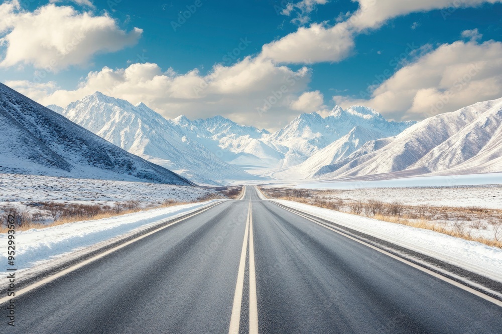 Straight asphalt highway road and snow mountains with sky clouds natural landscape. car background , ai Straight asphalt highway road and snow mountains with sky clouds natural landscape. car background , ai