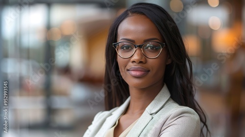 Confident Businesswoman with Glasses in Modern Office Setting, Professional Portrait with Blurred Background