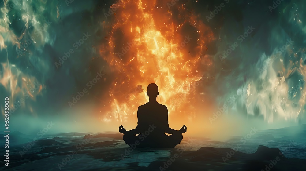 A serene figure meditating amidst a fiery, ethereal backdrop. A serene figure meditating amidst a fiery, ethereal backdrop.