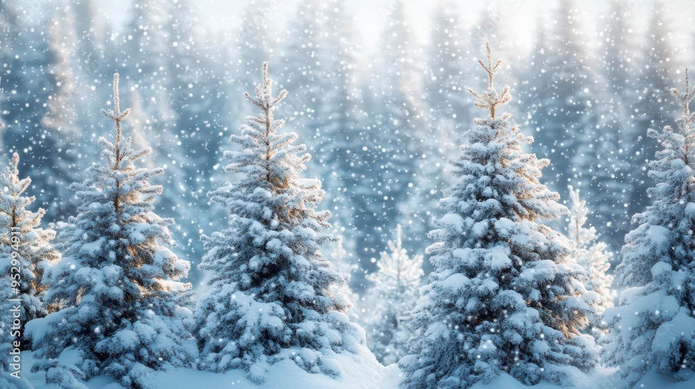 Snow-covered pines standing tall in a wintery landscape, with snow falling softly, creating a serene atmosphere, Serene, Cool Tones, Wide Angle Snow-covered pines standing tall in a wintery landscape, with snow falling softly, creating a serene atmosphere, Serene, Cool Tones, Wide Angle