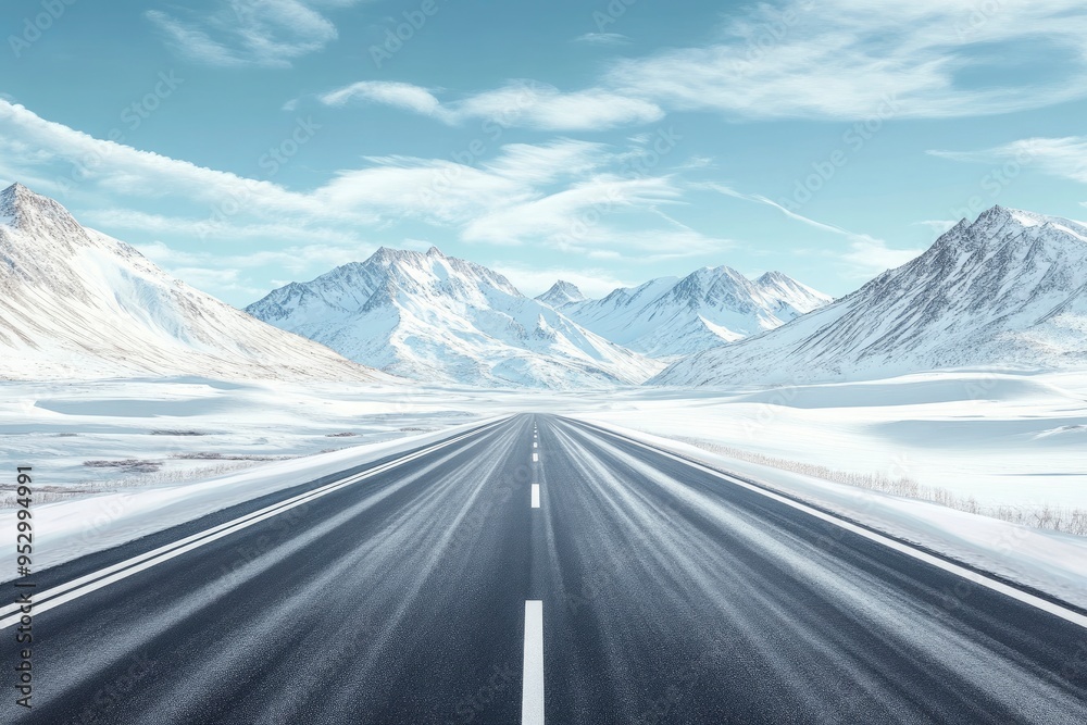 Fototapeta premium Straight asphalt highway road and snow mountains with sky clouds natural landscape. car background , ai