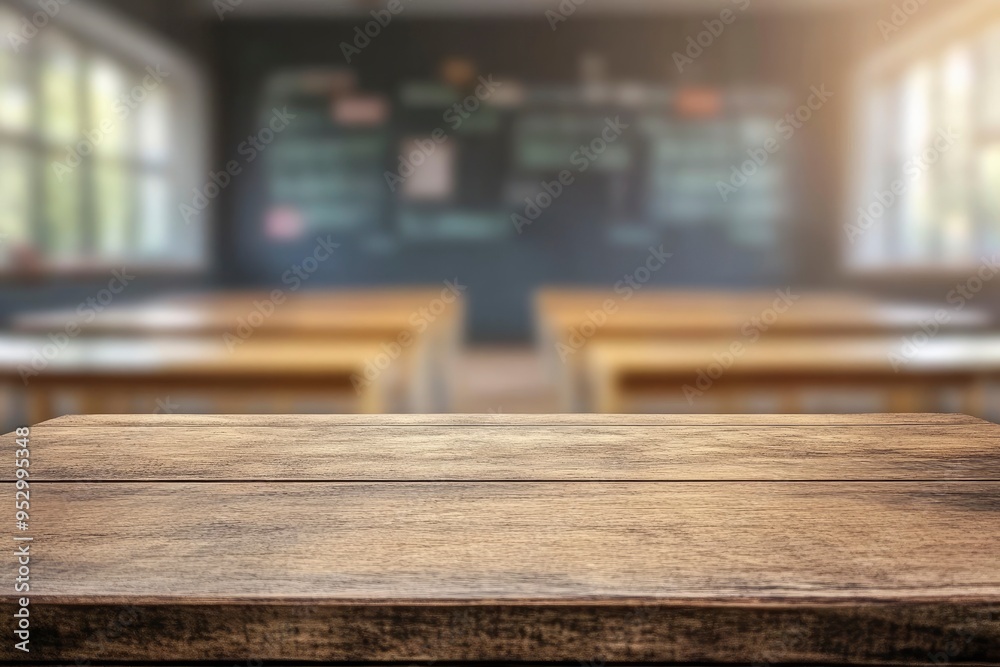 Wooden top with blurred empty classroom background can be used for mocking up or display product to make advertising , ai Wooden top with blurred empty classroom background can be used for mocking up or display product to make advertising , ai