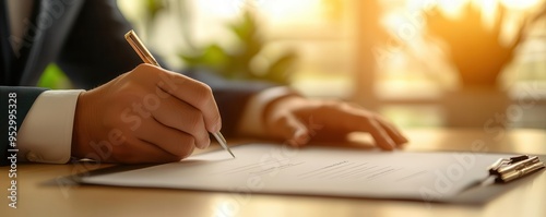 Businessman s hand signing a critical contract, sunlight illuminating the desk, blurred office walls photo