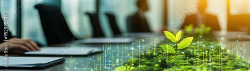 Corporate meeting on sustainable innovation, close up, green business solutions, surreal, overlay, digital boardroom backdrop