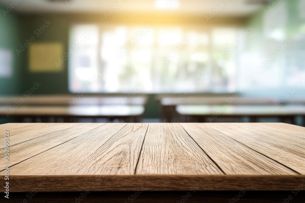 Wooden top with blurred empty classroom background can be used for mocking up or display product to make advertising , ai