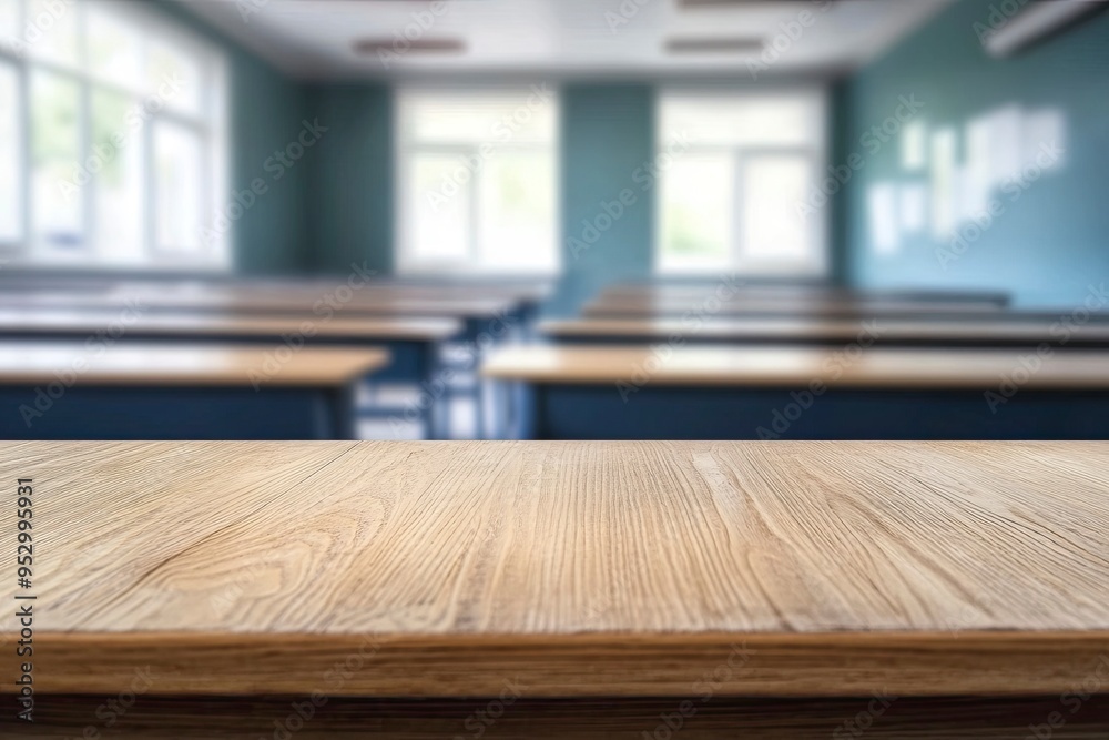 Wooden top with blurred empty classroom background can be used for mocking up or display product to make advertising , ai Wooden top with blurred empty classroom background can be used for mocking up or display product to make advertising , ai