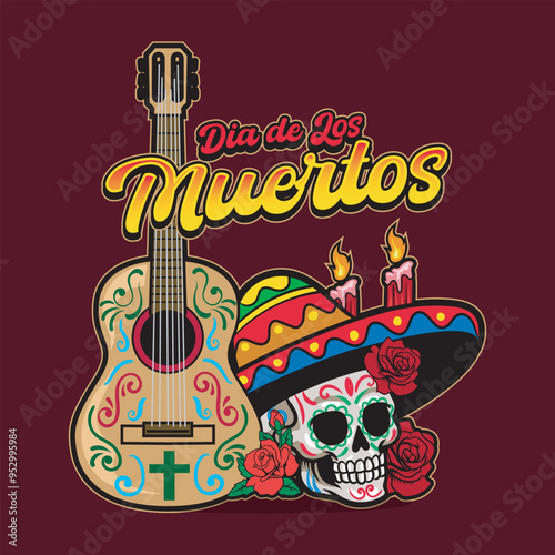 Day of the Dead Mexican Calavera sombrero Skulls Holiday vector hand drawn cartoon illustration for sticker, badge, patch, banner, greeting card, invitation