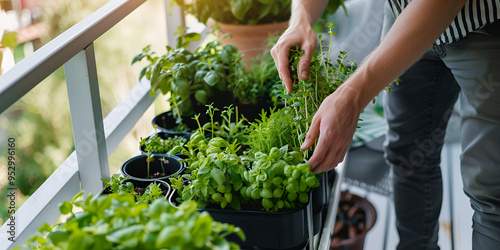 Balcony Herb Garden with Fresh Green Plants, Hands Harvesting Herbs from Urban Balcony Garden