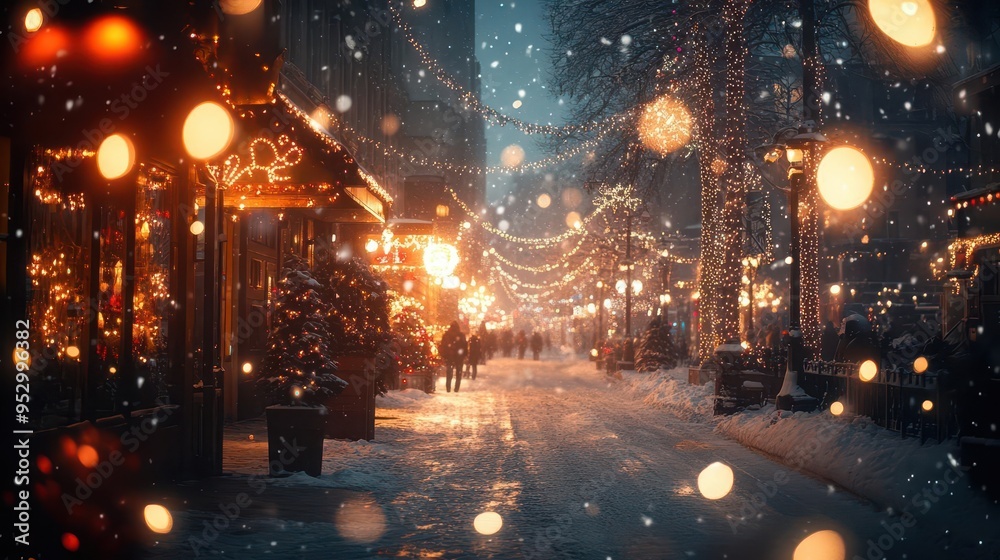 Winter city lights glowing warmly on a snowy evening, with snow falling softly and holiday decorations creating a festive atmosphere, Festive, Warm Glow, Wide Angle Winter city lights glowing warmly on a snowy evening, with snow falling softly and holiday decorations creating a festive atmosphere, Festive, Warm Glow, Wide Angle