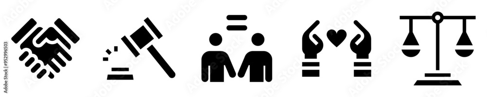Social justice icons set. Handshake, gavel, equality, hand holding heart, fairness scales. Solid icons. Vector illustration Social justice icons set. Handshake, gavel, equality, hand holding heart, fairness scales. Solid icons. Vector illustration