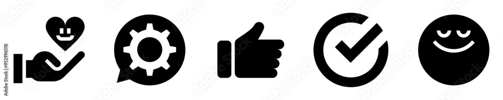 Customer experience icons set. Feedback. smiling heart, like, approval check, customer service chat, satisfied person. Solid icons. Vector illustration Customer experience icons set. Feedback. smiling heart, like, approval check, customer service chat, satisfied person. Solid icons. Vector illustration