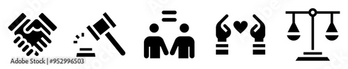 Social justice icons set. Handshake, gavel, equality, hand holding heart, fairness scales. Solid icons. Vector illustration