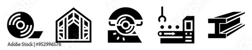 Steel icons set. Manufacturing. coil, structure, circular saw, production line, bar. Solid icons. Vector illustration