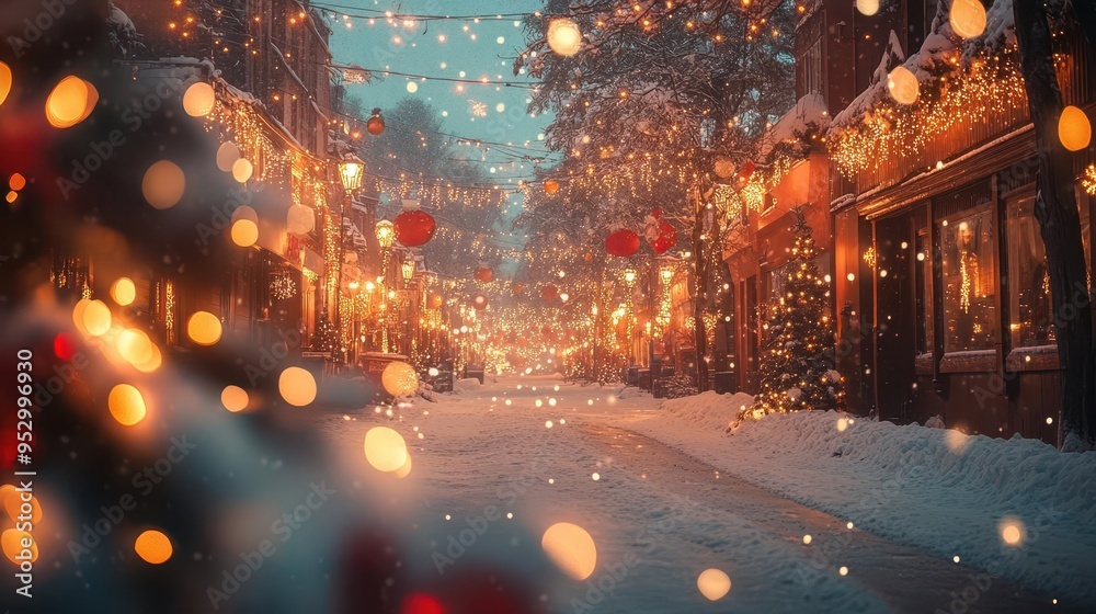 Fototapeta premium Winter holiday scene with festive decorations, snow-covered streets, and twinkling lights, Festive, Warm Glow, Wide Angle