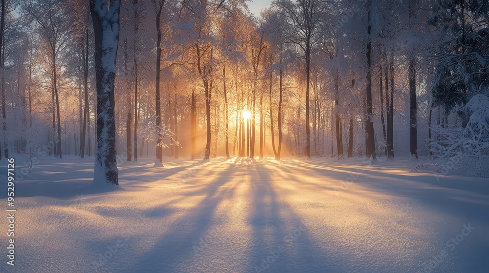 Winter morning light streaming through the trees, casting long shadows on the snow-covered ground, creating a serene winter atmosphere, Serene, Cool Tones, Wide Angle Winter morning light streaming through the trees, casting long shadows on the snow-covered ground, creating a serene winter atmosphere, Serene, Cool Tones, Wide Angle