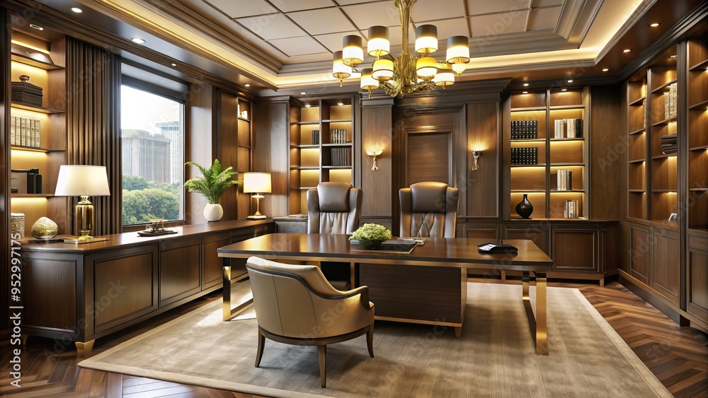 In Mayfair, a prestigious office space blends delicate golden accents, supple leather, and rich walnut, creating an atmosphere of calm focus amidst bustling activity. In Mayfair, a prestigious office space blends delicate golden accents, supple leather, and rich walnut, creating an atmosphere of calm focus amidst bustling activity.