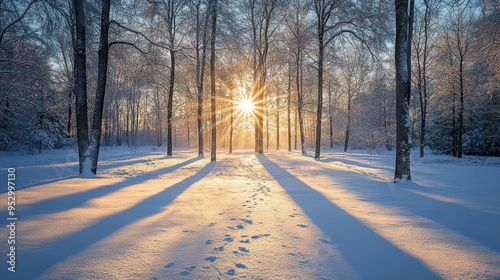 Winter morning light streaming through the trees, casting long shadows on the snow-covered ground, creating a serene winter atmosphere, Serene, Cool Tones, Wide Angle