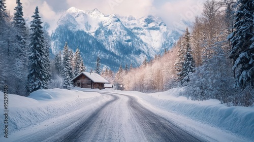 Winter travel adventure with a snowy mountain road leading to a distant cabin, Serene, Cool Tones, Wide Angle