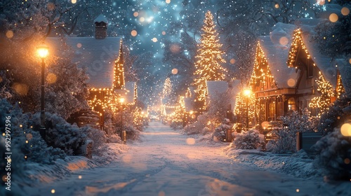 Winter village scene with snow-covered rooftops, twinkling lights, and festive decorations, creating a magical holiday atmosphere, Festive, Warm Glow, Wide Angle