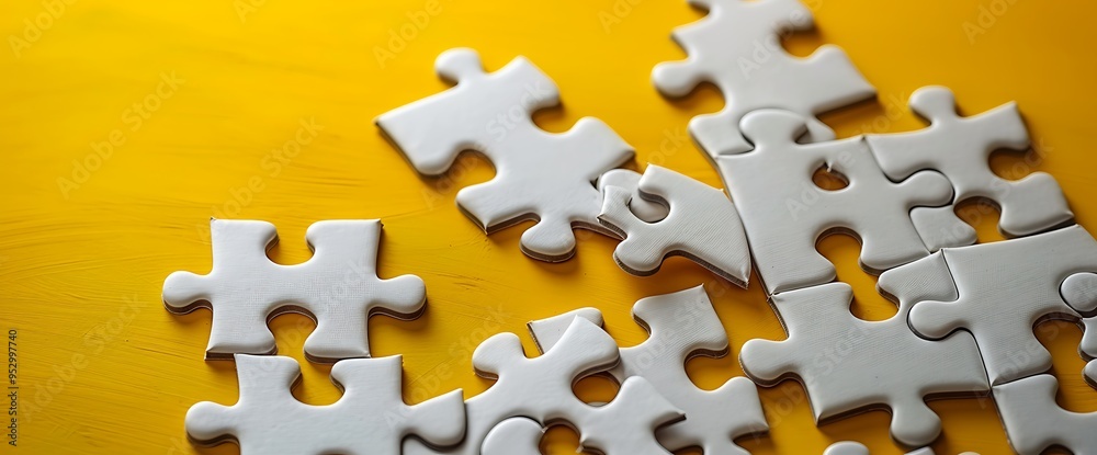 Obraz premium White puzzle pieces scattered on a bright yellow background.