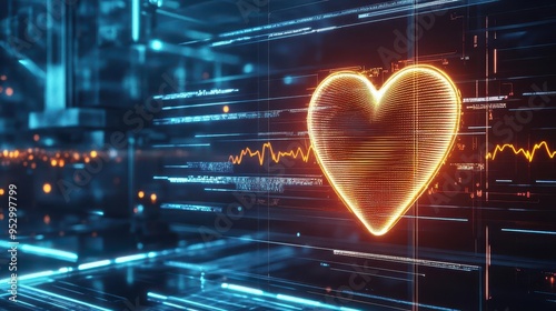 Glowing heart rhythm, futuristic holographic interface, dark background, sci-fi design