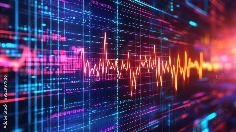Glowing heartbeat monitor, neon pulse lines, futuristic holographic interface, high-tech background Glowing heartbeat monitor, neon pulse lines, futuristic holographic interface, high-tech background
