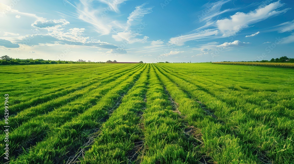 A field of green grass with rows of plants, under a blue sky with white clouds. A field of green grass with rows of plants, under a blue sky with white clouds.