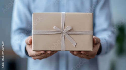 A close-up of a person holding a beautifully wrapped gift box with a ribbon, symbolizing celebration and special occasions.