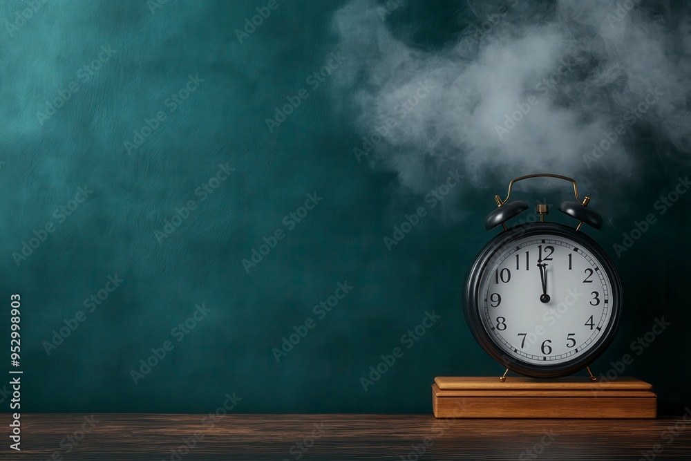 A classic black alarm clock sits on a wooden base against a smoky green background, symbolizing the passage of time. A classic black alarm clock sits on a wooden base against a smoky green background, symbolizing the passage of time.