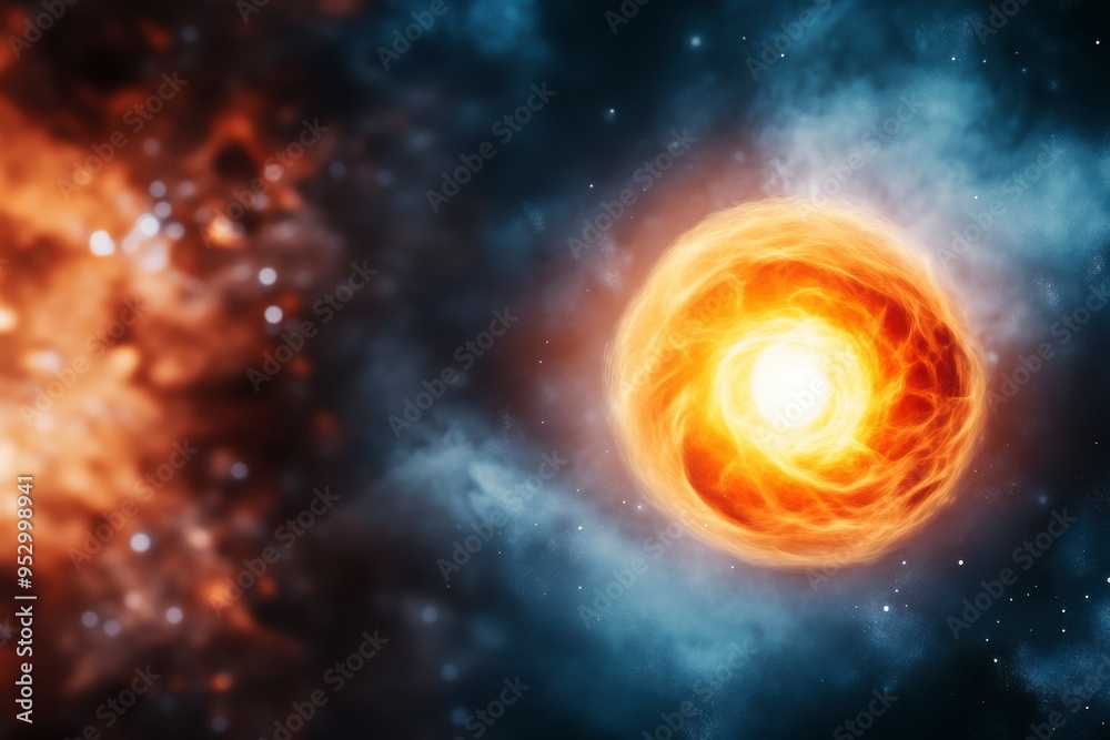 Obraz premium A vibrant star shines in the cosmos, surrounded by colorful clouds of gas and distant celestial bodies. A sight of cosmic beauty.
