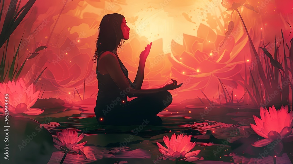 A serene silhouette of a woman meditating amidst glowing lotus flowers in a tranquil environment. A serene silhouette of a woman meditating amidst glowing lotus flowers in a tranquil environment.