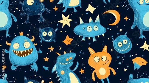 Playful Monster Doodles Seamless Pattern with Cute Cartoon Creatures, Stars, and Moon in Blue and Orange Colors