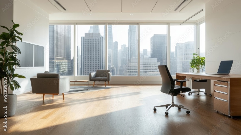 Fototapeta premium Modern office space with city view, featuring large windows, minimal furniture, natural light, and a serene ambiance for productive work.