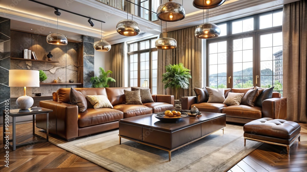 Luxurious leather furniture in a modern living room is arranged against a backdrop of high ceilings, neutral walls, and warm natural light, exuding opulence and sophistication. Luxurious leather furniture in a modern living room is arranged against a backdrop of high ceilings, neutral walls, and warm natural light, exuding opulence and sophistication.