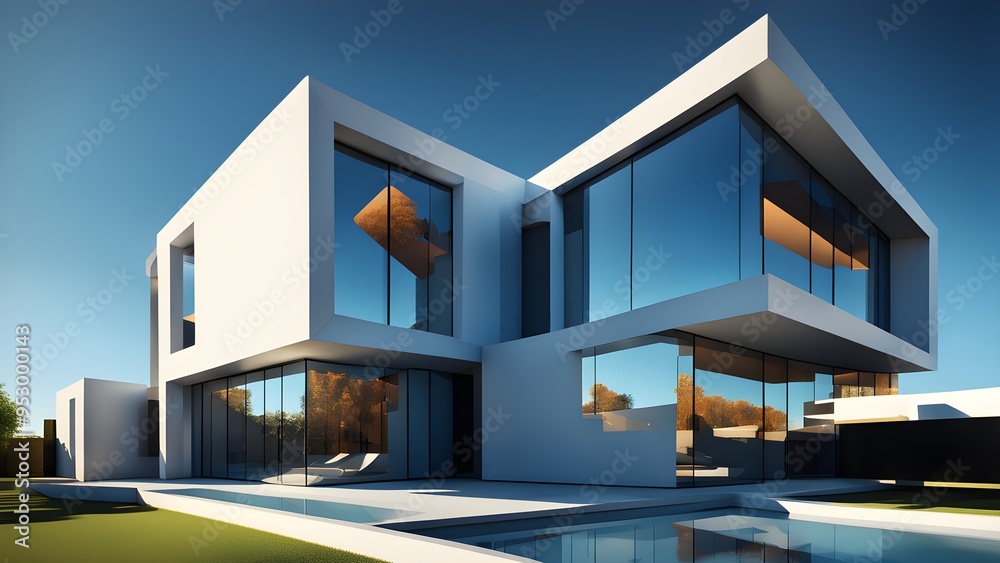 Fototapeta premium A large white house with a pool and a tree in the background