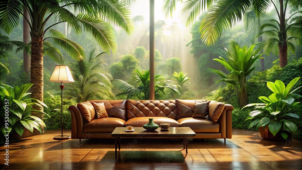 Fototapeta premium Luxurious leather sofa envelops a glass coffee table, set amidst lush greenery, with misty tropical rainforest and warm golden light creating a serene Hawaiian oasis.