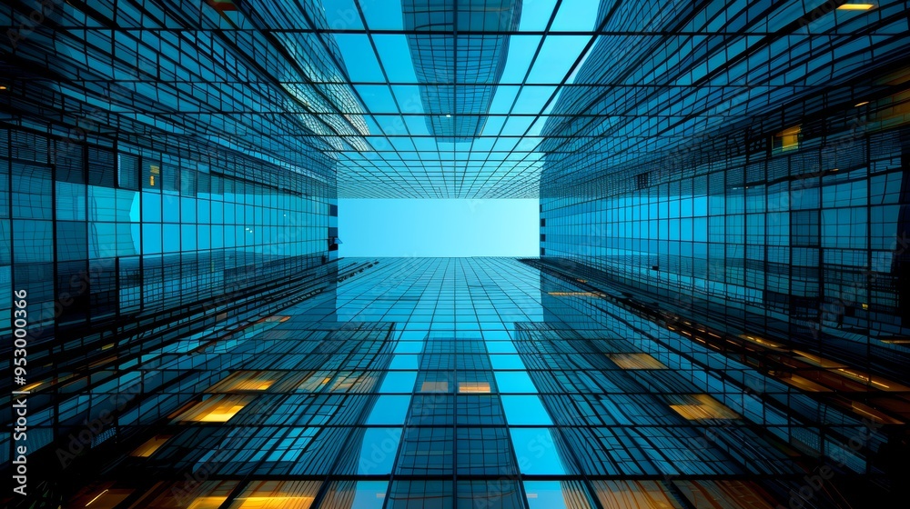 Obraz premium Modern Glass Office Buildings Reflecting Blue Sky - Concept of Mitigating Risks in Business Environment
