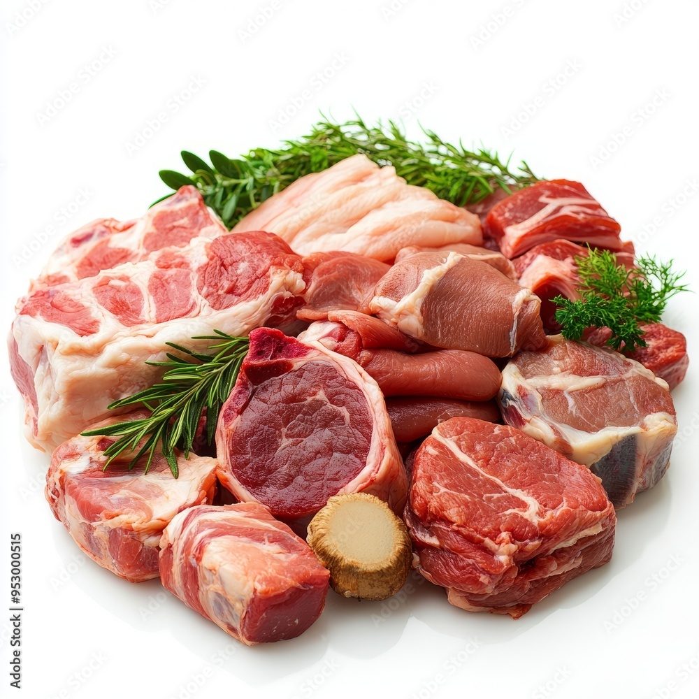 close up of Meat assortment, different raw meat isolated on white background close up of Meat assortment, different raw meat isolated on white background