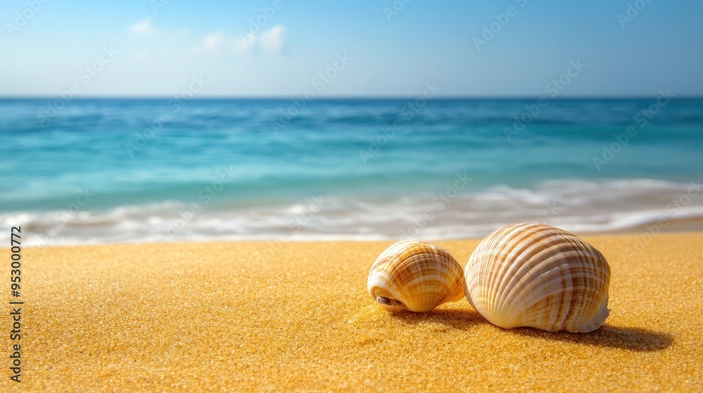A serene beach scene featuring seashells on golden sand with calm ocean waves in the background. A serene beach scene featuring seashells on golden sand with calm ocean waves in the background.
