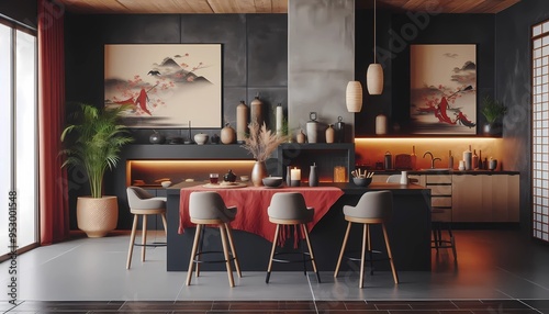 Kitchen bar with red and gray and beige tablecloths against a black stucco wall. Japanese interior design of modern living room with fireplace created with generative AI.