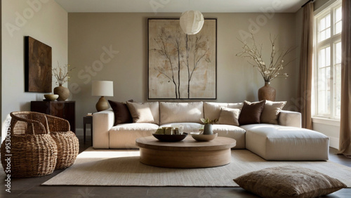 A living room with a large couch, a coffee table, and a vase with flowers