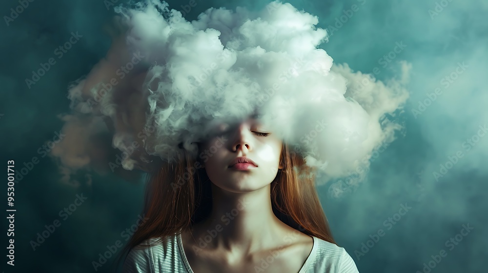 A serene portrait of a girl with clouds enveloping her head, symbolizing thoughts and dreams. A serene portrait of a girl with clouds enveloping her head, symbolizing thoughts and dreams.